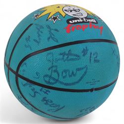 Four signed balls, including golf ball, signed at 2002 British open by Bernard Langer, Uni-Ball Basket Ball, signed by Edinburgh Rocks team 1998/99, football signed by Heart of Midlothian team, signed baseball and an unsigned Gunn & Moore cricket ball