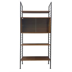 Staples Ladderax - mid-20th century teak and metal framed modular wall unit, fitted with central cupboard, the sliding glazed doors enclosing single shelf, flanked by three adjustable shelves 