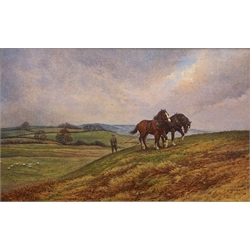 K Nelson (Late 20th century): Working Horses on a Hillside, oil on canvas signed 24cm x 39cm