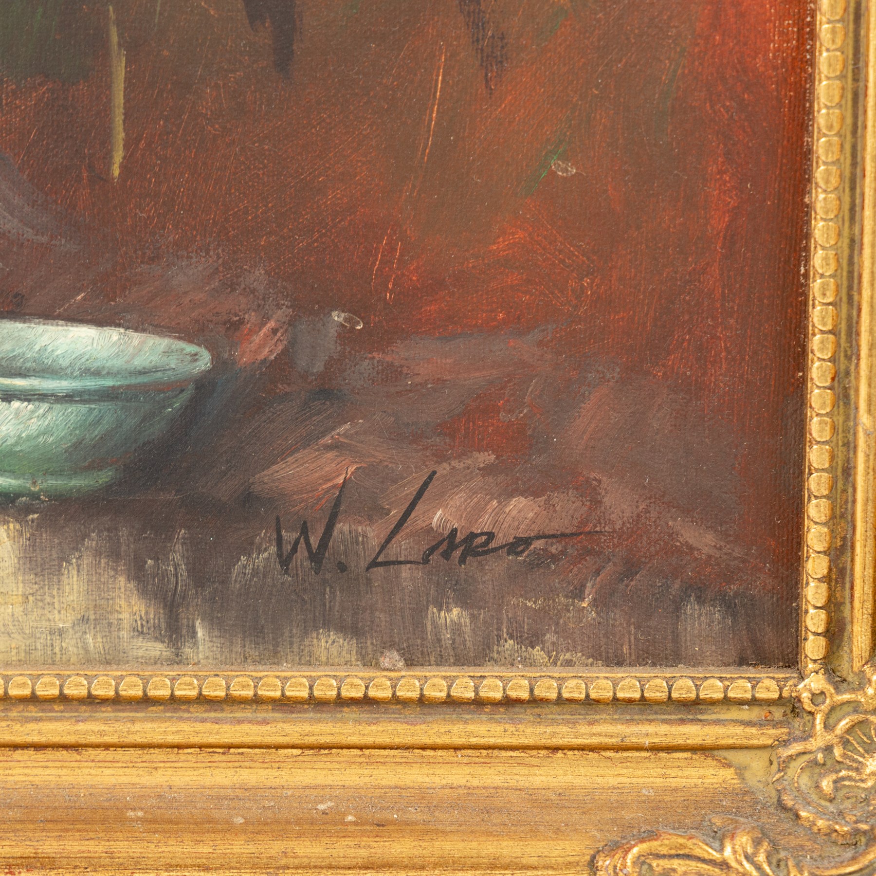 English School (20th century): Still Life with Chrysanthemums, oil on canvas signed W Laro 49.5cm x 39.5cm