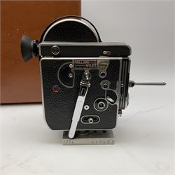 Paillard Bolex H16 Reflex 16mm cine camera with handgrip and turret for interchangeable lenses, KERN Vario-Switar 1:1,9 f=16-100mm POE BOLEX H16RX lens, KERN Switar 1:1,4 f=25mm H16 RX lens, KERN Switar 1:1,9 f=75mm lens, KERN Switar 1:1,6 f=10mm H16 RX lens