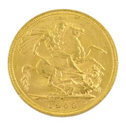 King Edward VII 1908 gold full sovereign coin, Melbourne mint