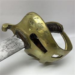 19th Century German (Saxony) Cavalry Sword, the 90.5cm single edge curved steel blade with narrow fuller to the back edge at each side, engraved with a crowned AR monogram and coat of arms, stamped with crowned AR, the back edge engraved C.v Keller im Solingen 1862, the brass half basket hilt with three flat curved bars, applied badge missing, marked G.R. 4, with ribbed leather covered grip and leather finger strap; in steel scabbard with two fixed suspension rings to one side and stamped G.R. II 118; L109.5cm overall