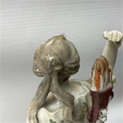 18th century Derby figure of Diana the huntress, circa 1760, modelled reaching for an arrow from quiver across her back, with recumbent hound at her feet, upon a scrolled base with bocage detail, H27.5cm