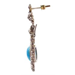 Pair of 19th / early 20th century gold and silver turquoise and old cut diamond pendant earrings, detachable oval cabochon turquoise pendants suspended within graduating diamond surround, total diamond weight approx 2.40 carat