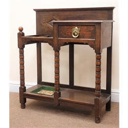  Edwardian oak hallstand, single drawer, turned supports, joined by an undertier and metal umbrella tray, W80cm, H91cm, D32cm  
