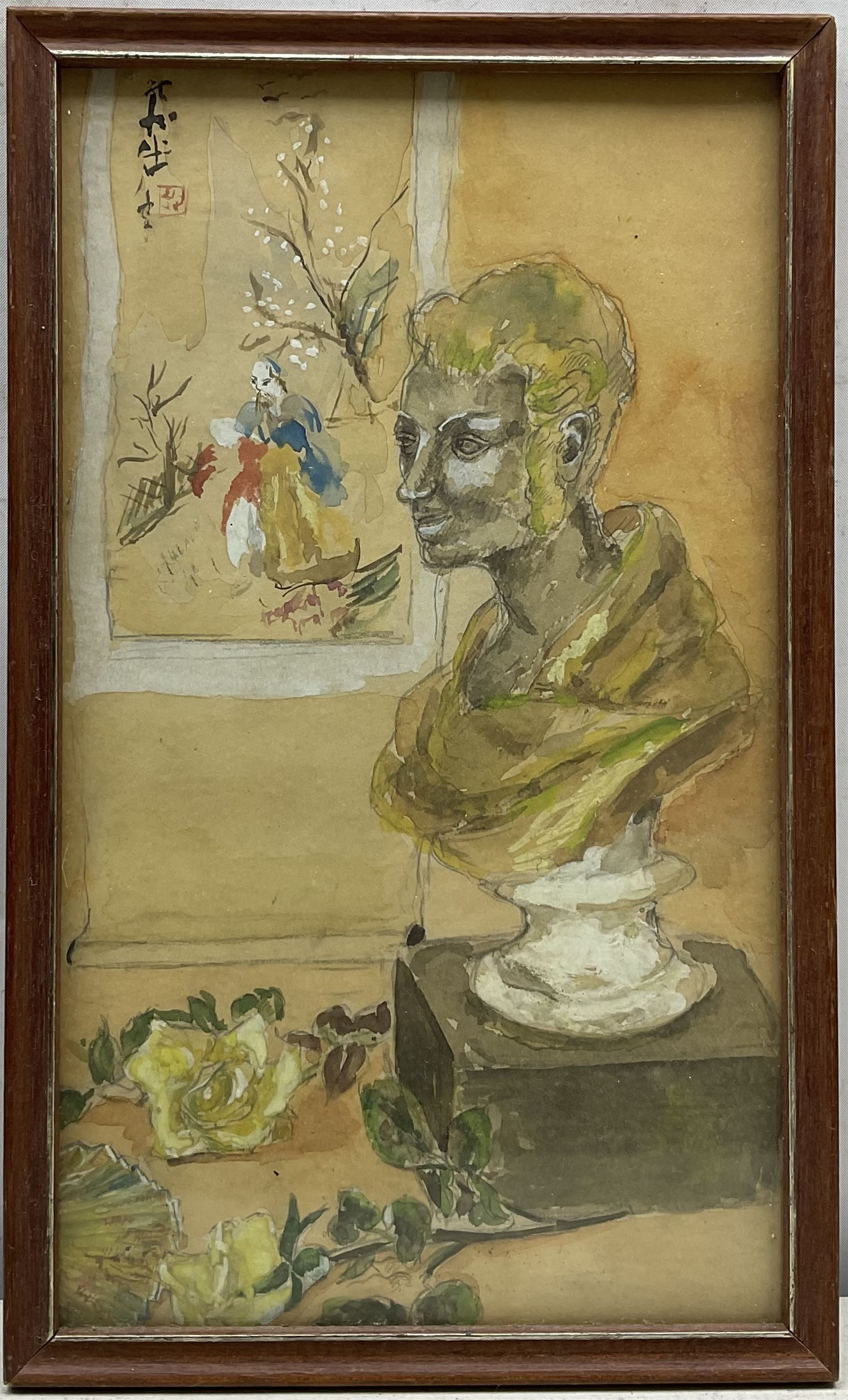 Japanese School (20th Century): Bust Beside a Window, watercolour bearing inscription, together with two woodblock prints, one with 'Blessing' script and the other depicting a mythical scene, max 33cm x 33cm (2)