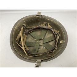 French Algerian War Red Cross steel helmet, marked 'CP ICA Esperaza 1955'; green finish with crudely painted Red Cross logo to the front