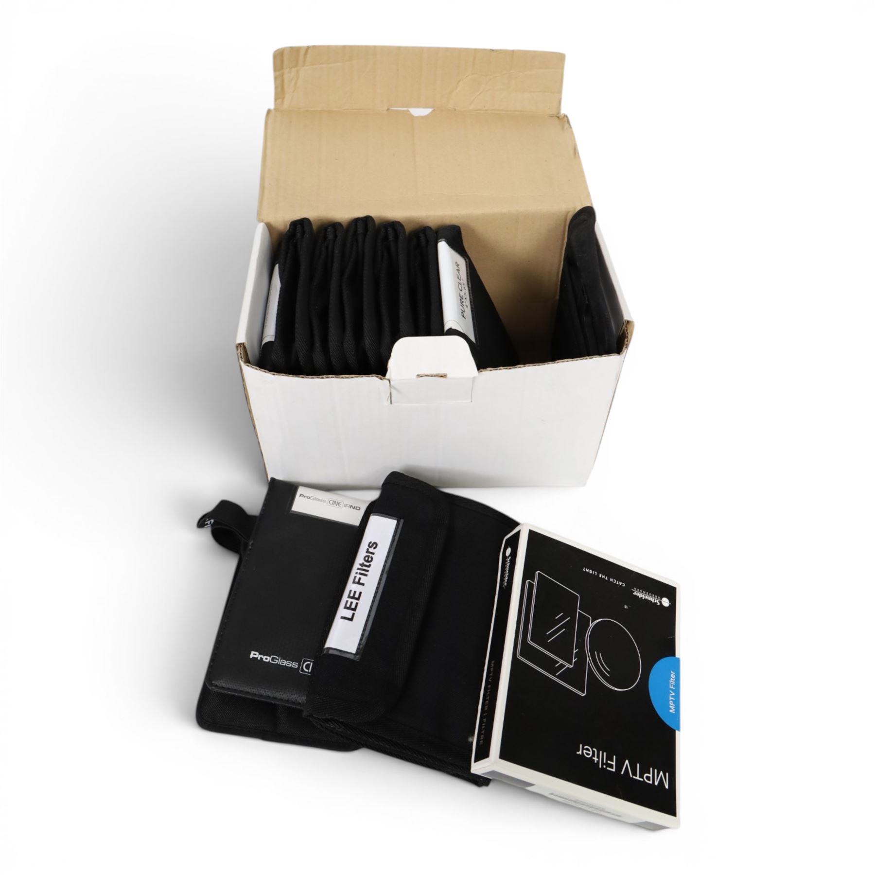 Set of ten 4x5.65 inch filters, comprising seven LEE ProGlass Cine ND filters from 1-7 stops, one Nisi optical flat and two Schneider true-pol polarisers, in flight case with pouches and Tiffen 4x4 filter tray