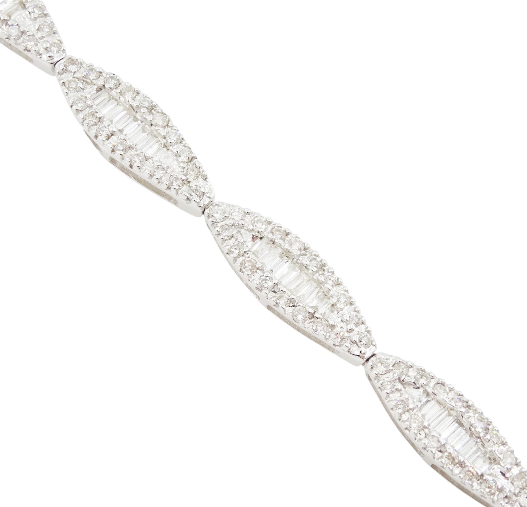 18ct white gold round brilliant cut and baguette cut diamond, marquise shaped link bracelet, hallmarked, total diamond weight approx 3.00 carat