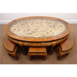  Chinese carved rosewood oval table, inset glass top (W127cm, H48cm, D78cm) and six similar stools   