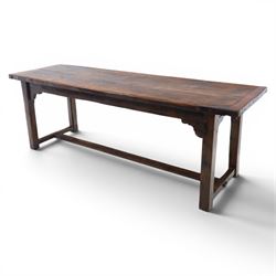 Large country made oak farmhouse dining table, on two plank construction, raised on square...