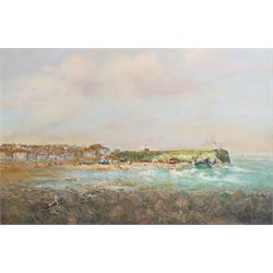 Michael James Strang (Cornish 1942-2021): Smeaton's Pier St Ives viewed from Wharf Road, oil on board signed and dated '87, 60cm x 90cm