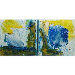 Geoffrey Harrop (British 1947-): Aquatic Abstracts, pair acrylics on canvas signed verso 50cm x 50cm (2) (unframed)
