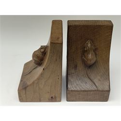 Pair 'Mouseman' tooled oak bookends carved with mouse signature, by Robert Thompson of Kilburn