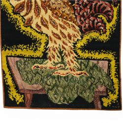Large mid-20th century hand-knitted and hand-dyed wall hanging tapestry, depicting a Cockrel, 160cm x 89cm