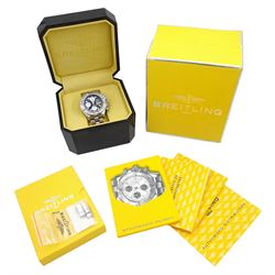 Breitling Superocean gentleman's stainless steel automatic chronograph wristwatch, Ref. A13340, blue dial with triple register recording hours, minutes and continuous seconds and date aperture, boxed with papers and additional links