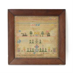 19th century sampler, by Mary Liddell aged 13 years, the alphabet above flowering baskets,...