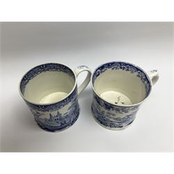 Two large 19th century blue and white transfer printed mugs, to include a John Rogers & Son Athens pattern example, decorated with classical landscape with ruins, within a border of flowers and scrolls, H12cm, the other example also decorated in a landscape view, and marked beneath Campania, H12.