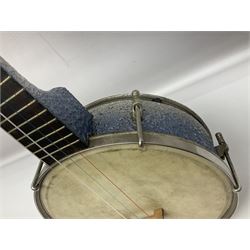 John Grey & Sons banjolele with unusual all over mottled blue and silver textured finish L57cm; in carrying case