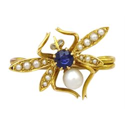 Early 20th century 15ct gold pearl and sapphire insect brooch