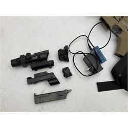 Combat Machine lithium battery powered airsoft BB rifle, 'Complete AEG Series' to fire 5mm pellets, with adjustable length stock L69cm non-extended; with six magazines, Trijicon ACOG red dot telescopic sight, battery charger etc (NO BATTERIES)