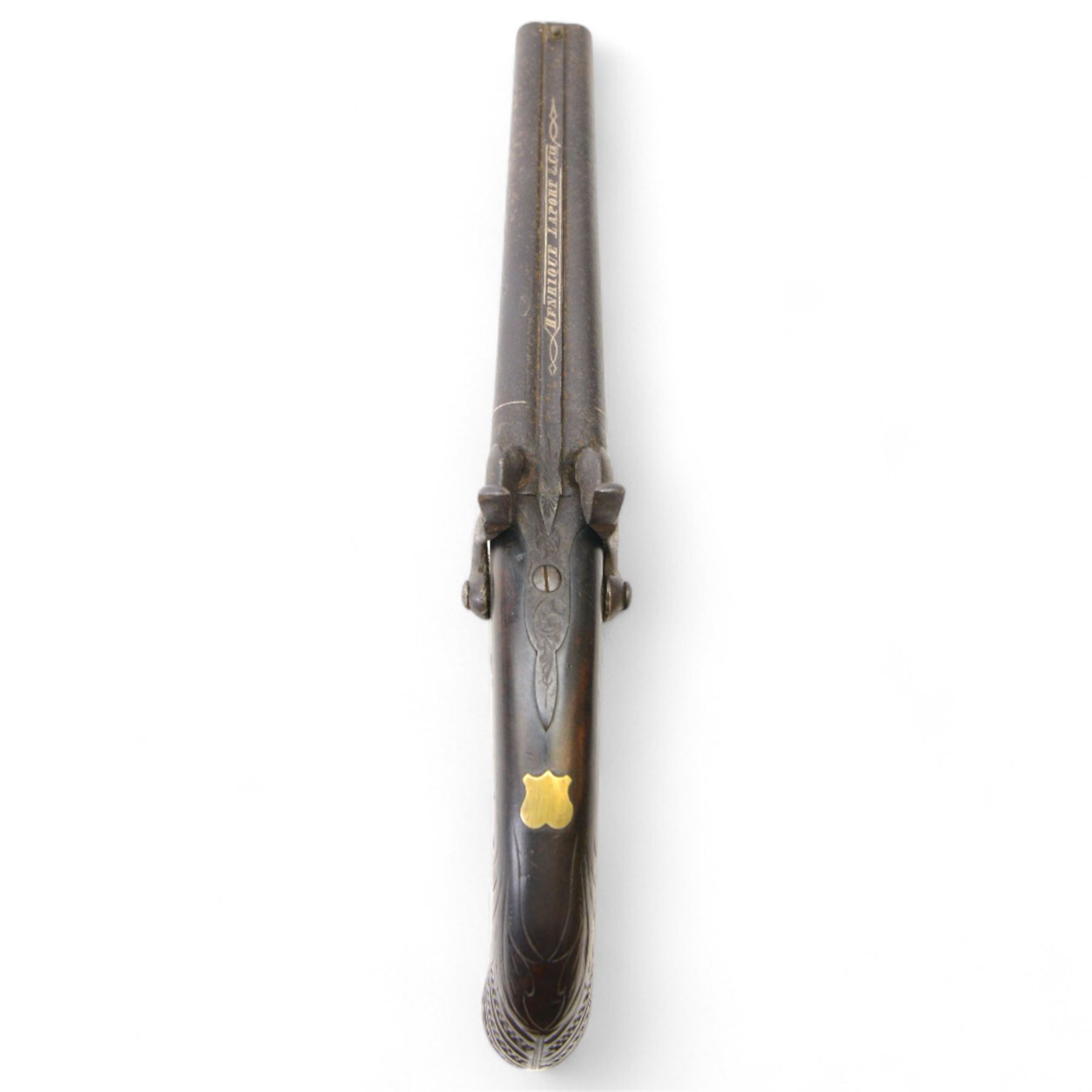 Mid-19th century french double-barrelled percussion pistol the side by side 10 mm cal. barrels, with rib marked 