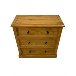 Pine three drawer chest, black iron handles; and a three drawer pedestal chest (3)
