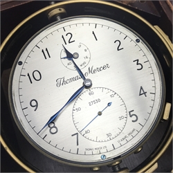 Mid to late 20th century mahogany cased marine chronometer by 'Thomas Mercer, St. Albans', silver Arabic dial, serial no.'27530', engine turned four pillar movement, detent escapement (currently detached), with original key, the case with plate 'A/S. J. C. Krohn & Sons... Norway', dial diameter - 10.5cm, total diameter - 13cm