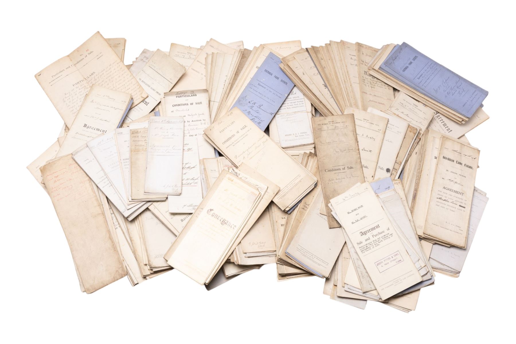 York and Yorkshire legal ephemera - large box of late 19th/early 20th century conveyancing documents, agreements, mortgages, conditions of sale and solicitor’s papers relating to York and surrounding area properties, including Acomb New Estate, Bishopthorpe, Huntington Road, Victoria Avenue, Swinerton Avenue and other addresses, many with York solicitor/printer details