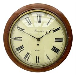 A late 19th century 8-day wall clock with a 15” mahogany bezel and 12” painted convex dial with a cast brass bezel, Roman numerals, minute track and matching steel moon hands, dial inscribed “Brunner, Hull” with a single train fusee movement, anchor escapement, rectangular movement plates with chamfered shoulders, case with two side doors and pendulum adjustment door to the curved base. With pendulum.  
****Engelbert Ignatius Brunner from Baden (Germany)  worked from Queen Street Hull . c 1886-1907.
