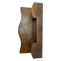 Late 19th century continental oak commode, serpentine fronted with parquetry and crossbanded decoration, the raised superstructure back fitted with a central bank of five recessed drawers flanked by concave drawers, above three full-width drawers with brass ring handles, raised on cabriole supports