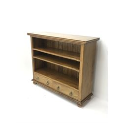 Teak and tile open bookcase, two adjustable shelves above two drawers 