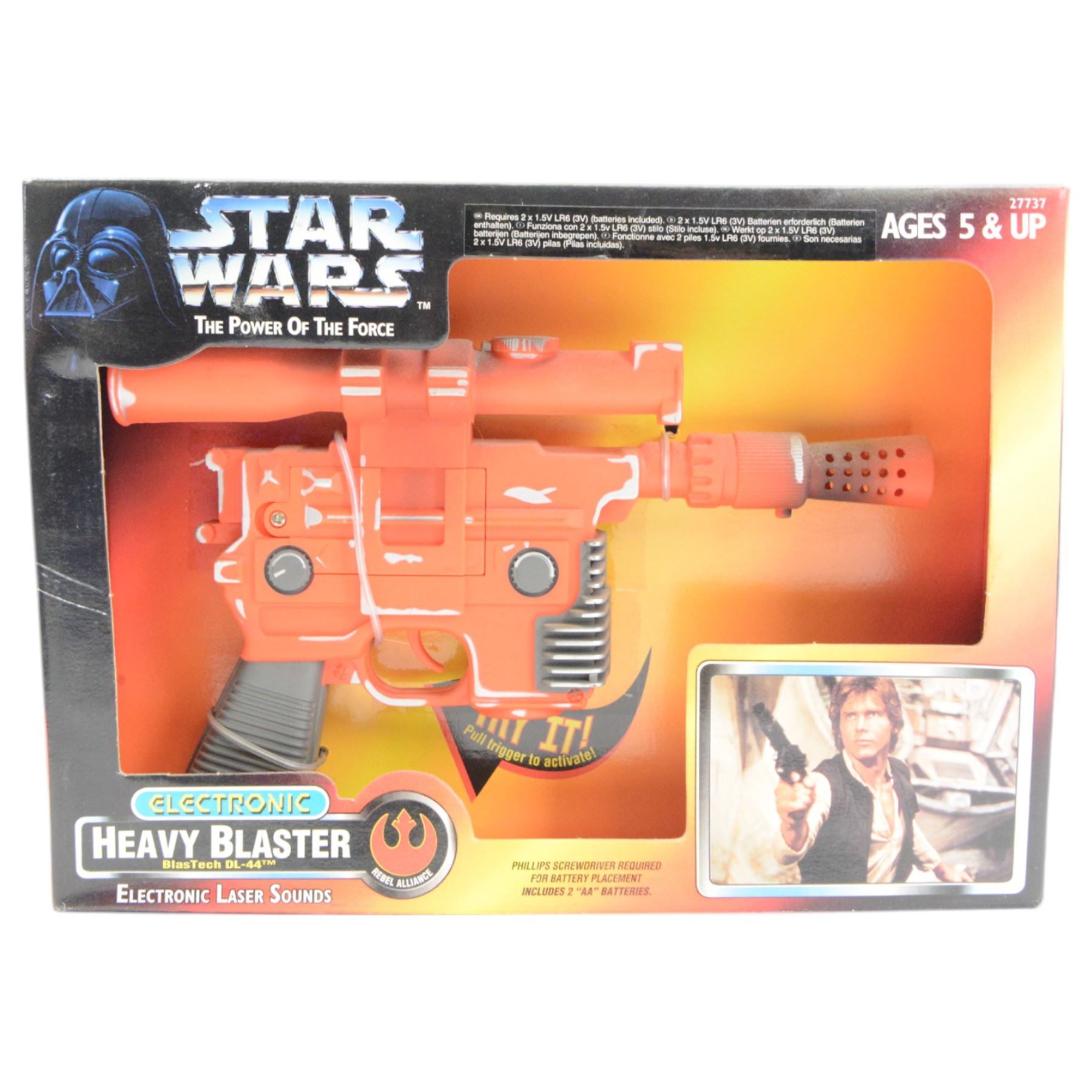 Four Kenner Star Wars electronic weapons, comprising Darth Vader Lightsabre no. 69796, Luke Skywalker Lightsabre no. 69795, The Power Of The Force Heavy Blaster no. 27737, The Power Of The Force Blaster Rifle no. 27738, all boxed