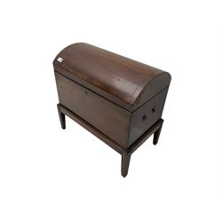 19th century mahogany cellarette, hinged dome top enclosing bottle divisions, on square tapering moulded supports