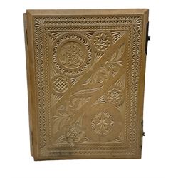 Edwardian sycamore bible box, with carved hinged cover and brass clasps, H39.5cm W29cm D7.5cm