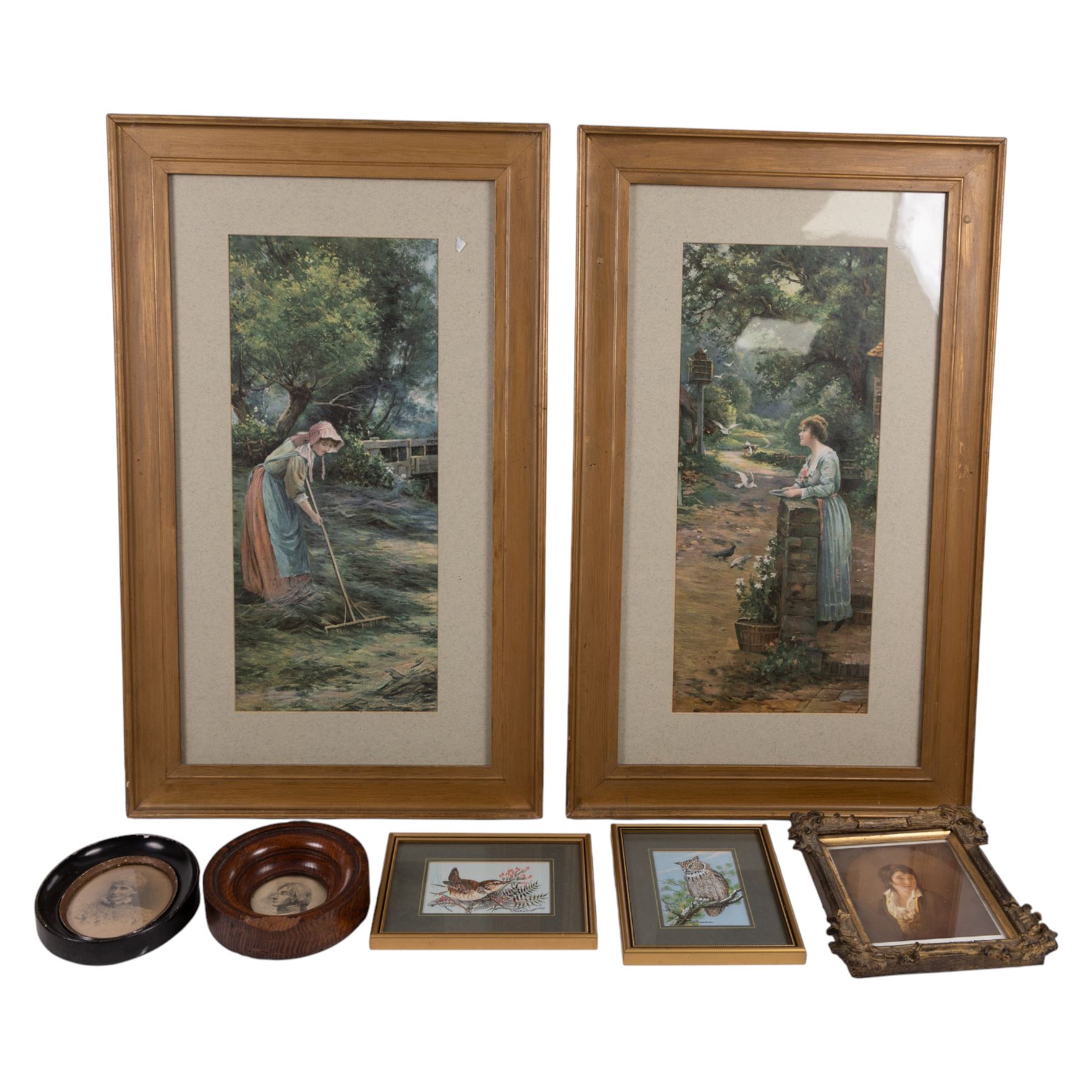 Mixed decorative framed prints and photographs, silhouettes, engravings etc, in one box