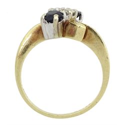 Gold four stone round brilliant cut diamond and sapphire ring, hallmarked 9ct