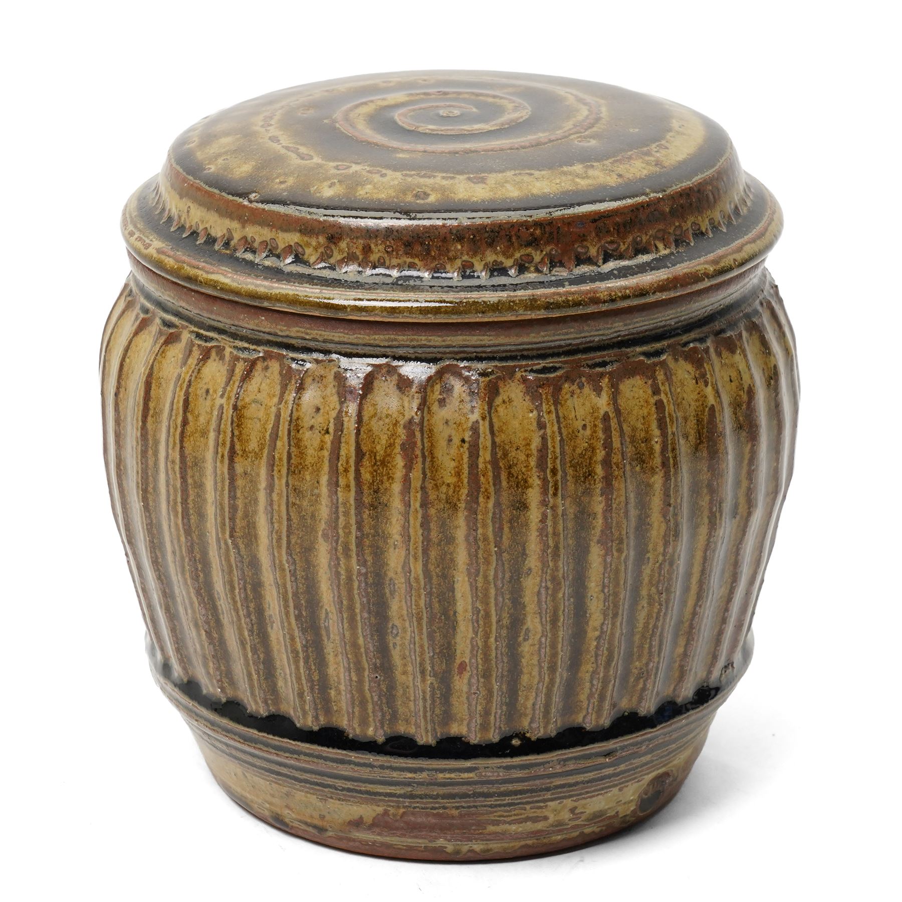 Mike Dodd (1943-): Covered studio pottery storage jar, of fluted barrel form, impressed marks to foot, H20cm 