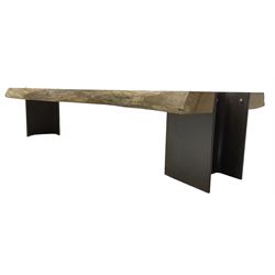 Raw edge shaped oak plank bench or side table on steel RSJ supports