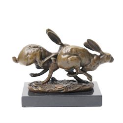 Bronze figure group, modelled as two hares in chase, after 'Nick', with foundry mark, upon a rectangular base, H11cm L15cm