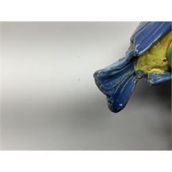 Minton majolica leaf dish, modelled as a Blue Tit perched on a branch with acorns and an oak leaf, date cypher for 1868, impressed marks beneath, L21cm. 