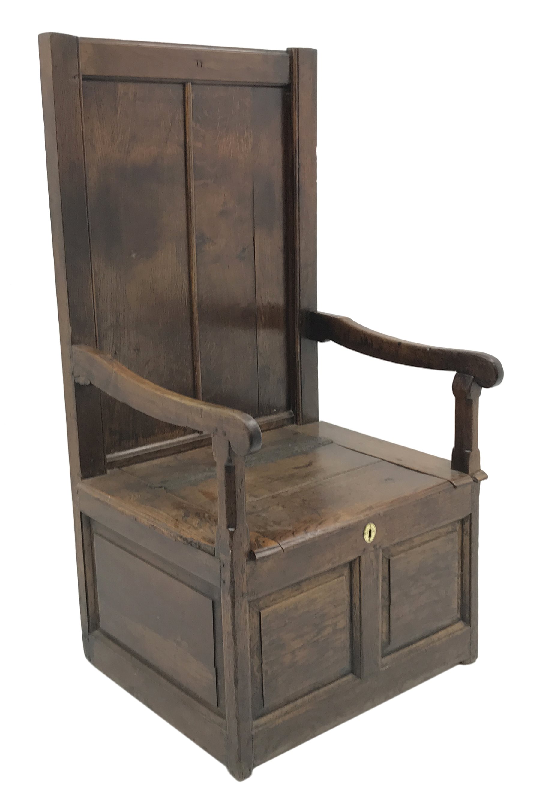 18th century oak box seat settle, panelled back, cresting rail initialled 'T.I', the moulded seat with hinged lid, down swept arms on octagonal faceted supports, fielded panelled base, engraved brass escutcheon initialled again 'T.I', W80cm, H149cm, D59cm