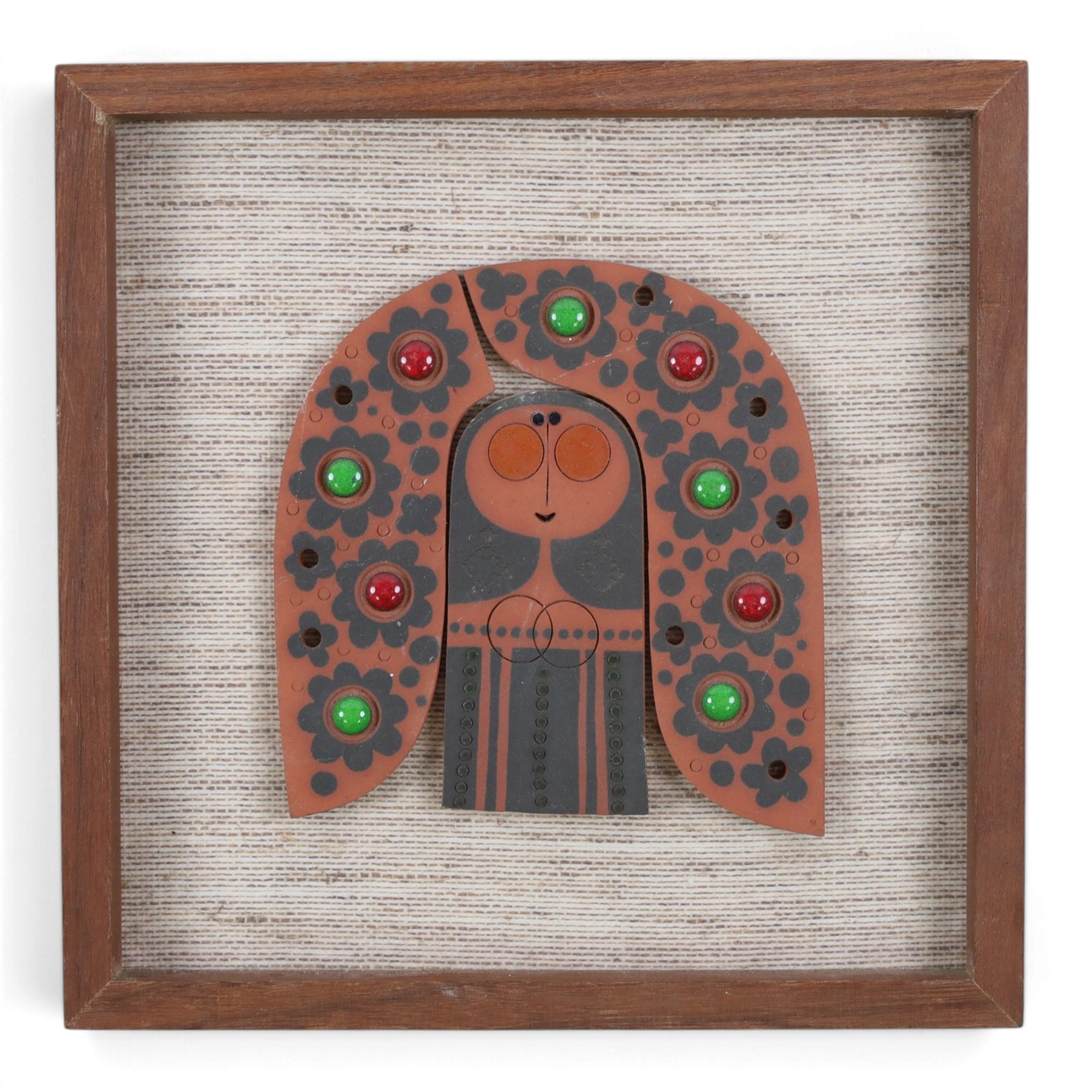 Two 1960's Hornsea pottery Muramic plaques designed by John Clappison, comprising framed example in the form a stylised figure of a lady and an unframed example in the form of a bird, H45cm