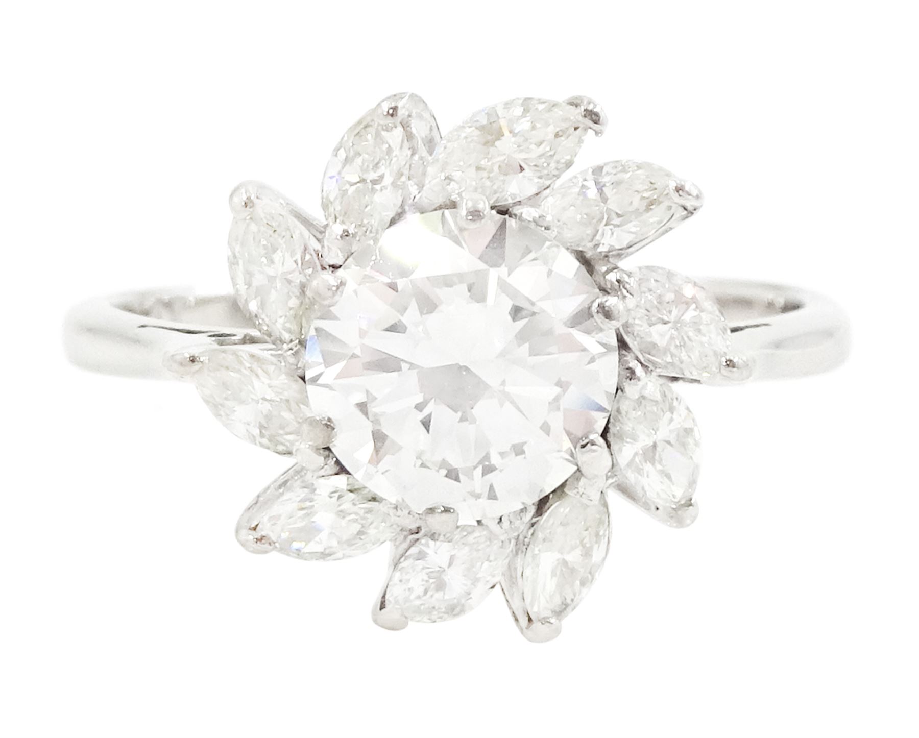 Platinum diamond cluster ring, the principal transitional cut diamond of approx 1.30 carat, surrounded by ten marquise cut diamonds, stamped Plat, total diamond weight approx 1.80 carat