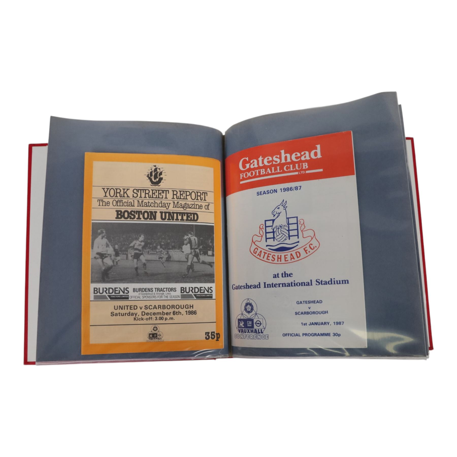 Comprehensive collection of approximately two-hundred Scarborough FC football programmes for the 1983/84, 1984/85,1985/86 and 1986/87 seasons, all filed within eight dedicated Scarborough FC red Home and Away binders 