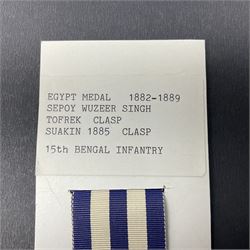 Victoria Egypt Medal 1882-1889 with Suakin 1885 and Tofrek clasps awarded to Sepoy Wuzeer Singh 15th Bengal Infantry; with ribbon