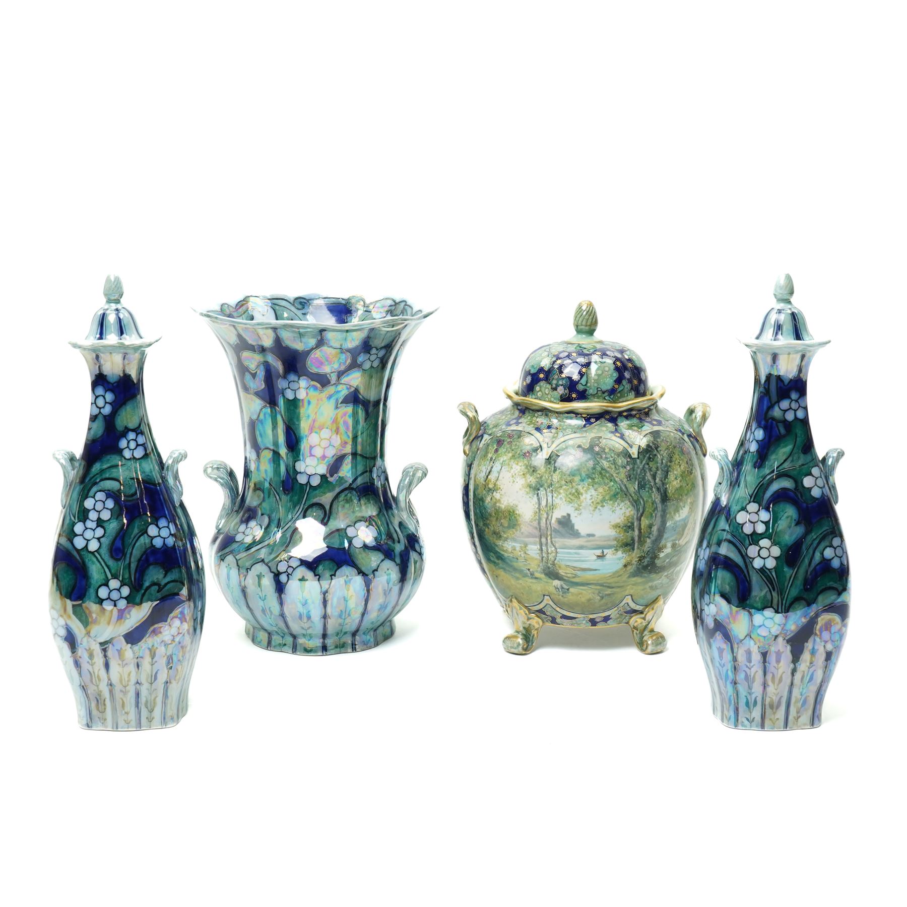 Pair of Keeling & Co Losol  ware lustre vases and covers of square spreading form decorated with flowers H33cm, a matching baluster vase and a lustre jar and cover decorated with landscape panels