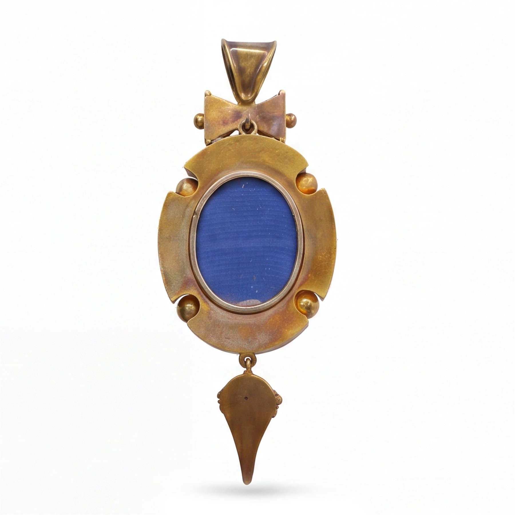 Victorian gold Etruscan revival pendant, cabochon oval bead surrounded by cannetille and bead decoration, with glazed back
