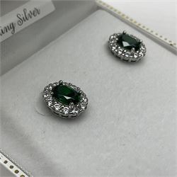 Pair of silver green stone and cubic zirconia cluster stud earrings, stamped 925, boxed 